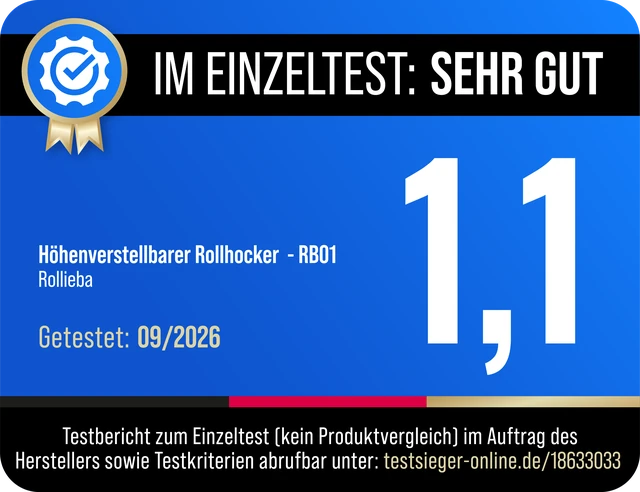 Testsiegel testsieger-online.de: Im Einzeltest sehr gut, Note 1,1, Höhenverstellbarer Rollhocker RB01, getestet 09/2026