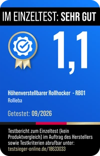 Testsiegel testsieger-online.de: Im Einzeltest sehr gut, Note 1,1, Höhenverstellbarer Rollhocker RB01, getestet 09/2026